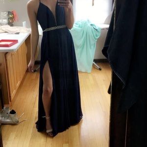 Dark blue prom dress with open back